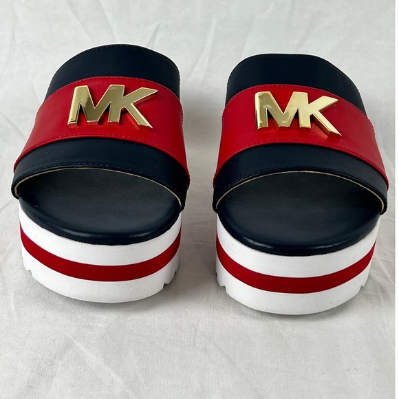 Michael Kors Logo Platform Wedge Slides Sandals Red Navy White Women 6.5 Leather - Picture 4 of 9